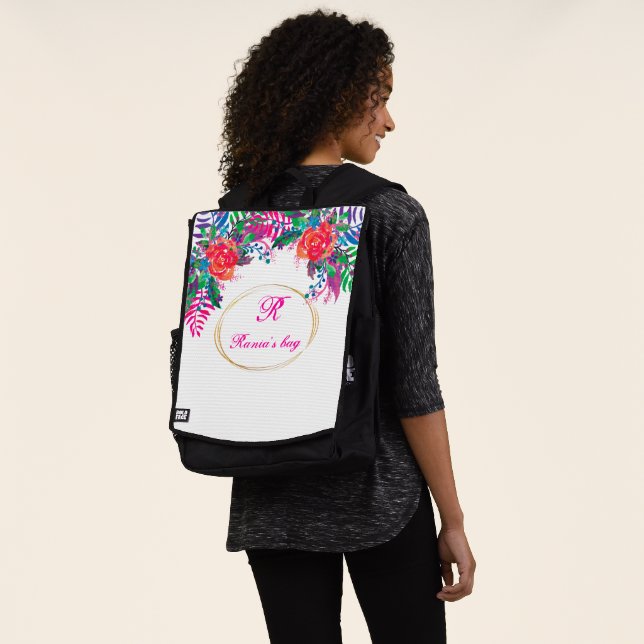 personalized gold border floral forest with inital backpack (Worn)