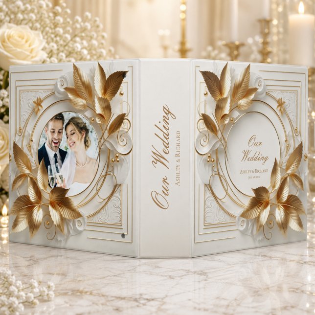 Personalized Gold Botanical Wedding Binder (elegant luxury wedding memento keepsake folder with custom photo names and wedding date)