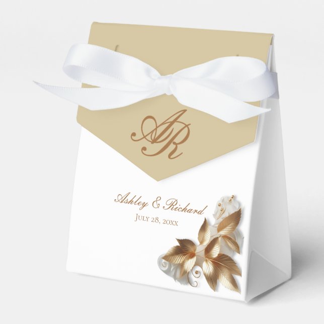 Personalized Gold Botanical Wedding Favor Boxes (Front Side)