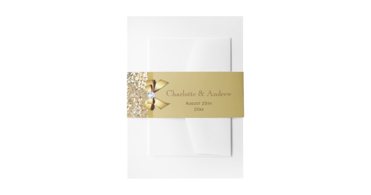 Personalized Gold Bow Sequins Wedding Invitation Belly Band Zazzle
