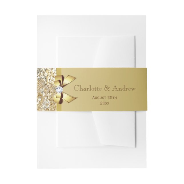 Personalized Gold Bow Sequins Wedding Invitation Belly Band (Front Example)