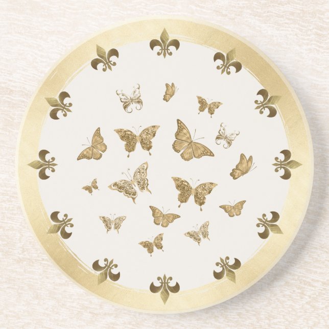 Personalized gold Butterfly Fleur de Lis Coaster (Front)