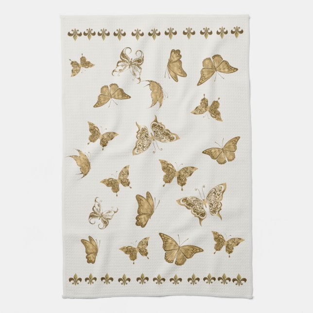 Personalized Gold Butterfly Fleur de Lis Matching Kitchen Towel (Vertical)