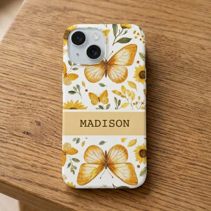 Personalized Gold Butterfly Watercolor Sunflower iPhone 16 Case
