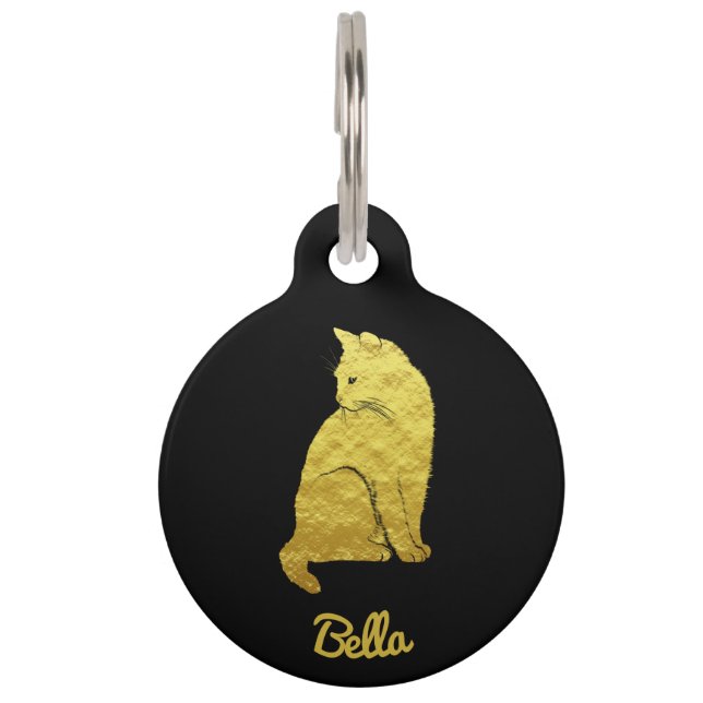 Personalized Gold Cat on Black Pet ID Tag (Front)