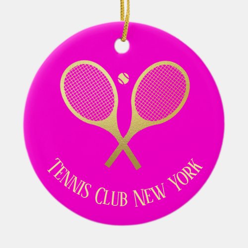 Personalized Gold Classic Tennis Rackets Pink Ceramic Ornament