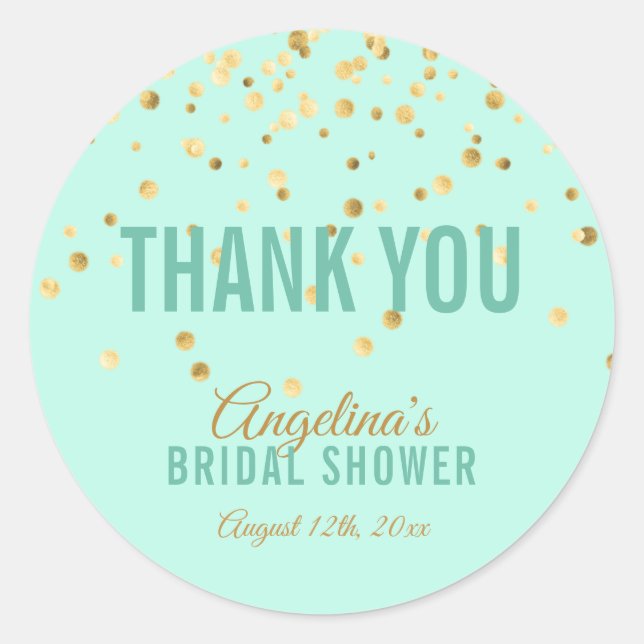 Personalized Gold Confetti MINT Bridal Shower Classic Round Sticker (Front)