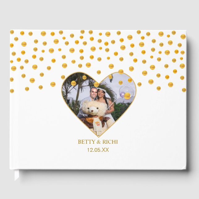 Personalized Gold Confetti on White Guest Book (Front)