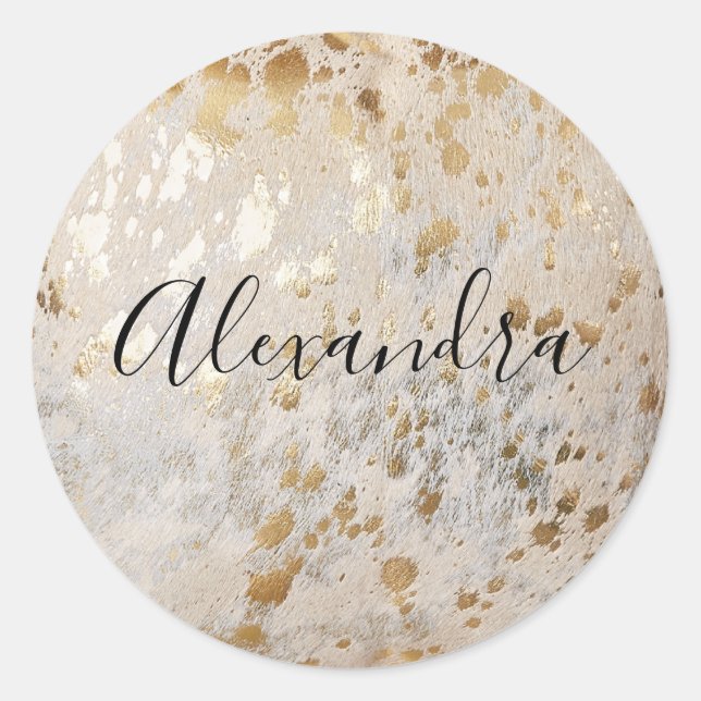 Personalized Gold Cowhide Print Metallic Sticker (Front)
