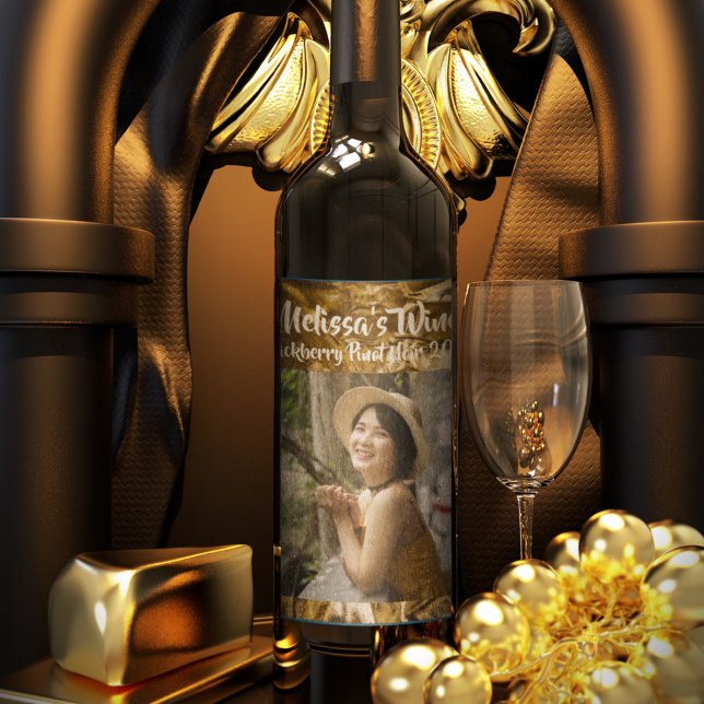 Personalized Gold Crinkle Foil Sparkle Photo Wine Label (Creator Uploaded)