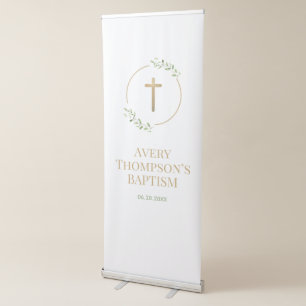 Personalized Gold Cross Greenery Baptism Custom Retractable Banner
