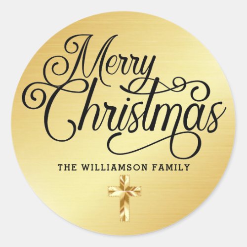 Personalized Gold Cross Merry Christmas Christian Classic Round Sticker