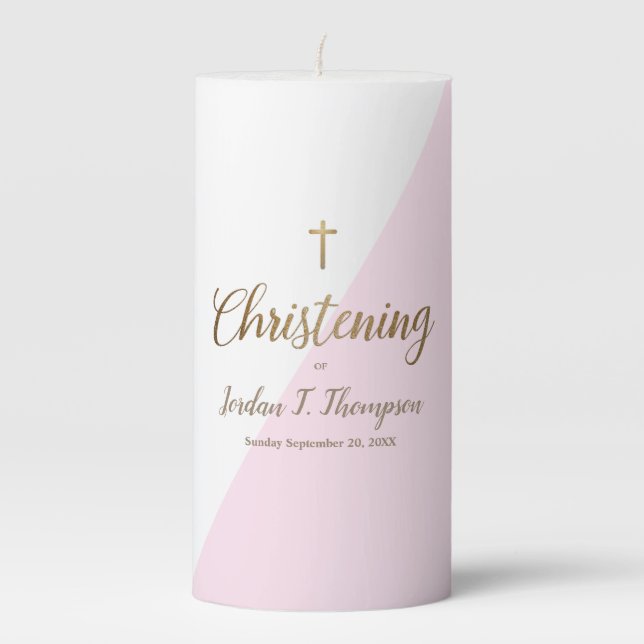 Personalized Gold Cross Pink Baby Christening Pillar Candle (Front)