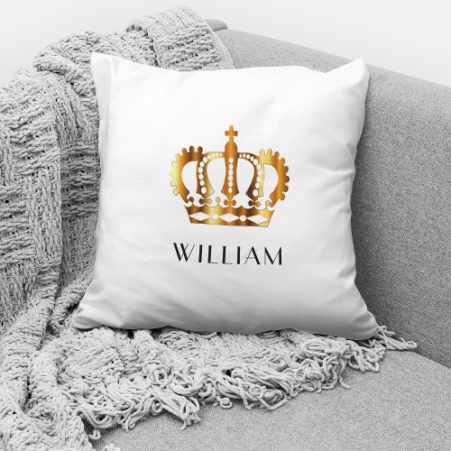 Personalized Gold Crown White Throw Pillow