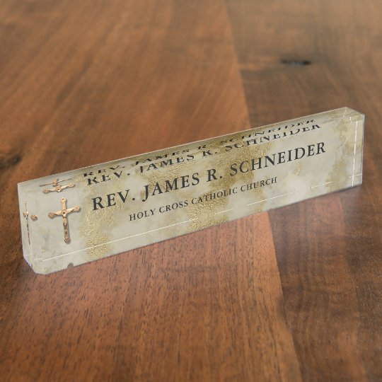 Personalized Gold Crucifix Cross White Marble Desk Name Plate