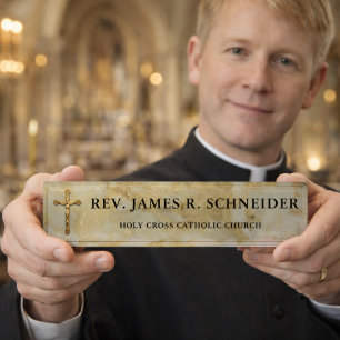 Personalized Gold Crucifix Cross White Marble Desk Name Plate