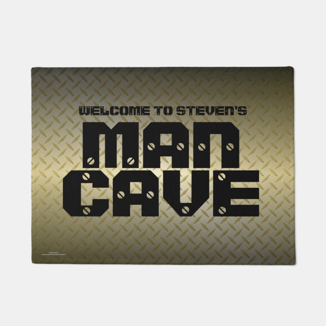 Personalized Gold Diamondplate Pattern Man Cave Doormat (Front)