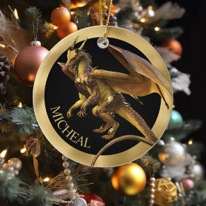 Personalized Gold Dragon Fantasy  Ceramic Ornament