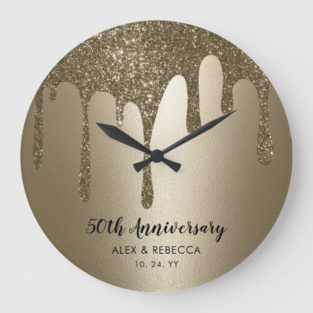 Personalized Gold Drips 50th Wedding Anniversary  Large Clock (Front)
