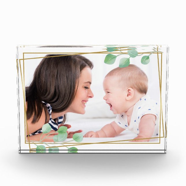 Personalized Gold & Eucalyptus Elegant Minimalist Photo Block (Front)