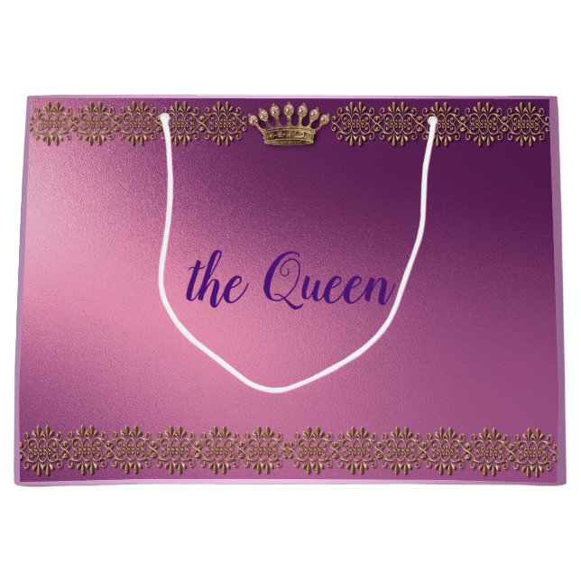 Personalized gold faux glitter crown large gift bag (Front)