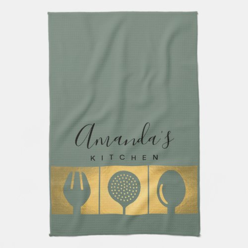 PERSONALIZED GOLD FAUX SPOON FORK SKIMMER CHEF KITCHEN TOWEL