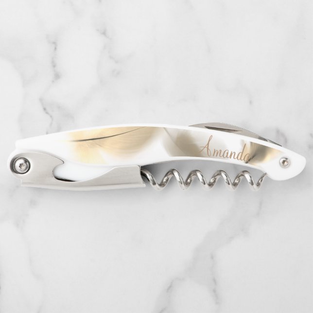 Personalized Gold Feathers Waiter's Corkscrew (Front)