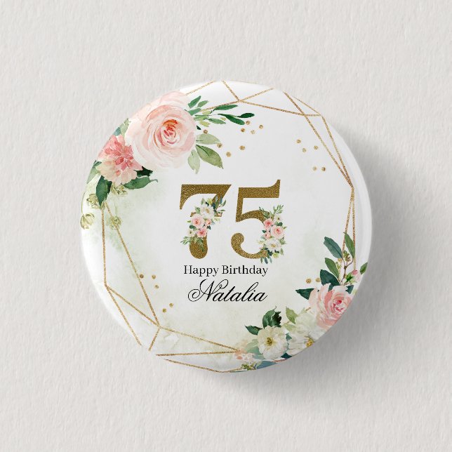 Personalized Gold & Floral 75th Custom Button (Front)