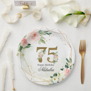 Personalized Gold & Floral 75th Custom Paper Plates