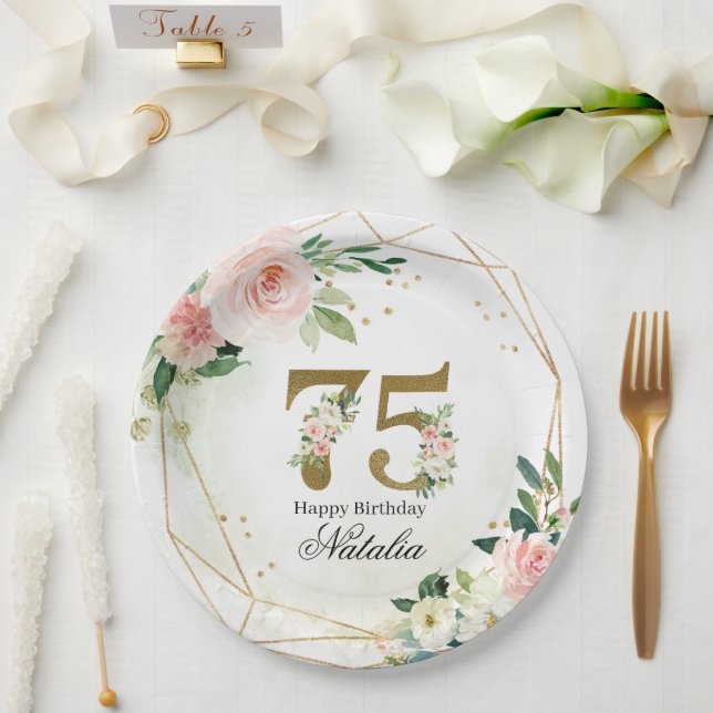 Personalized Gold & Floral 75th Custom Paper Plates (Wedding)