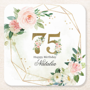 Personalized Gold & Floral 75th Custom Square Paper Coaster