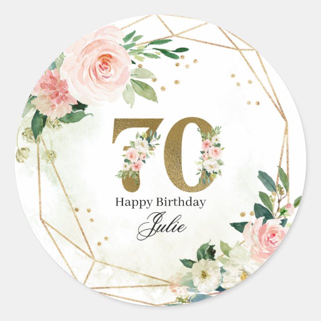 Personalized Gold & Floral Custom 70th  Classic Round Sticker (Front)