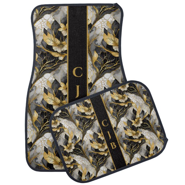 Personalized Gold Floral Marbleized Car Floor Mats (Set)