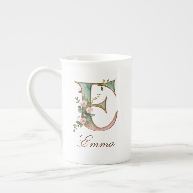 Personalized Gold Floral Monogram Initial E Bone China Mug (Left)