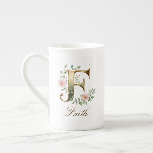 Personalized Gold Floral Monogram Initial F Bone China Mug (Left)