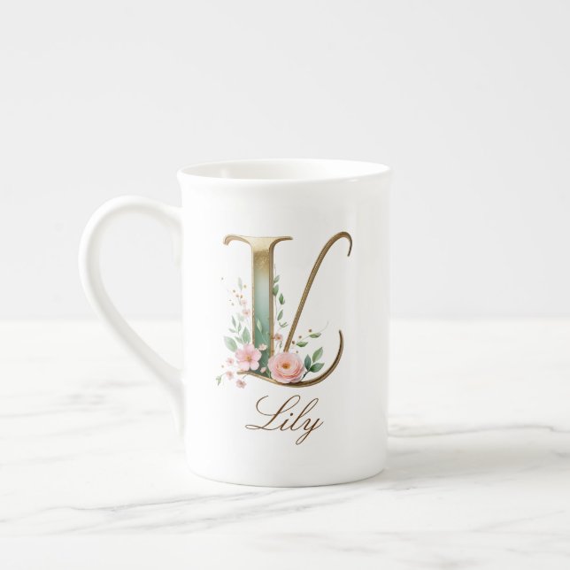 Personalized Gold Floral Monogram Initial L Bone China Mug (Left)