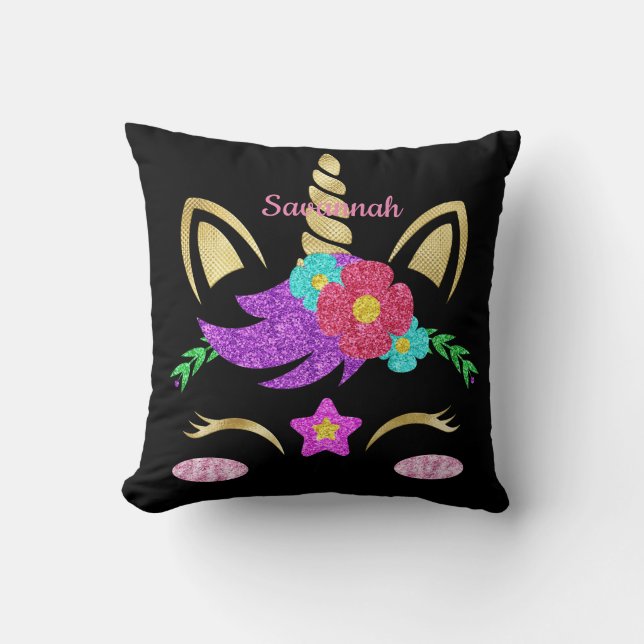 Personalized Gold Floral Unicorn Throw Pillow (Front)