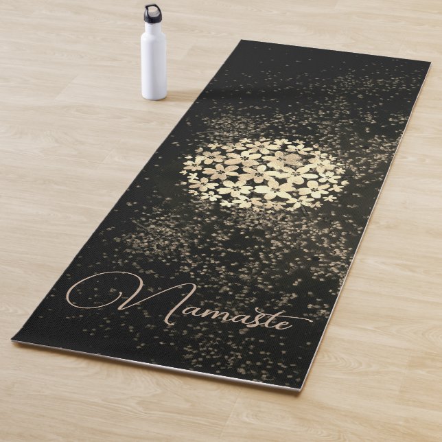 Personalized Gold Flowers Confetti on Brown Yoga Mat (In Situ)