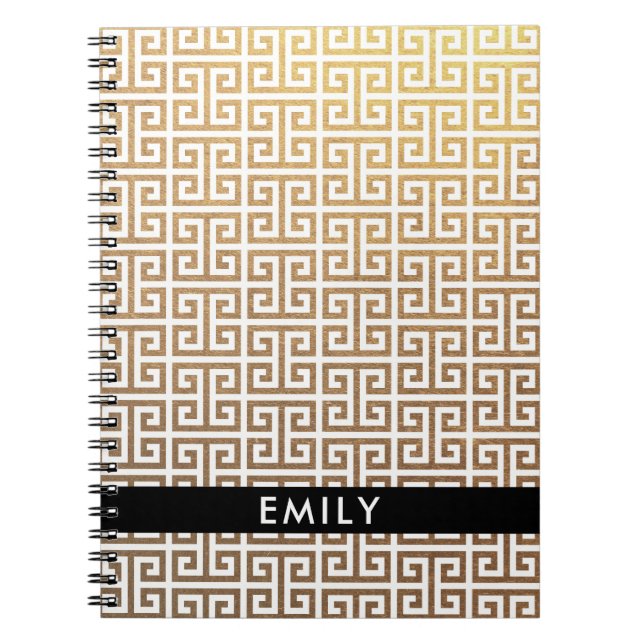 Personalized Gold Foil and White Greek Key Notebook (Front)