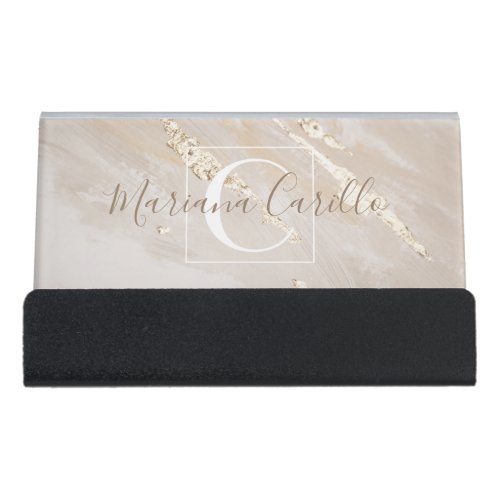 Personalized Gold Foil Marble Monogram Desk Business Card Holder