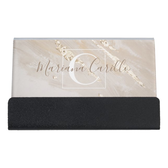 Personalized Gold Foil Marble Monogram Desk Business Card Holder (Front)