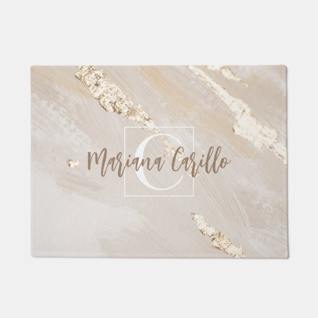 Personalized Gold Foil Marble Monogram Script  Doormat (Front)