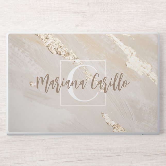 Personalized Gold Foil Marble Monogram Script HP Laptop Skin (Front)