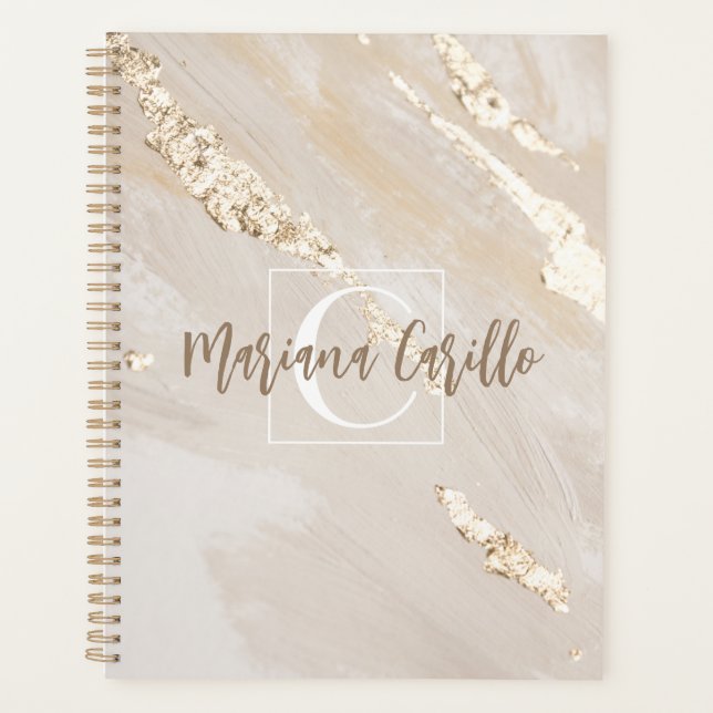 Personalized Gold Foil Marble Monogram Script  Planner (Front)