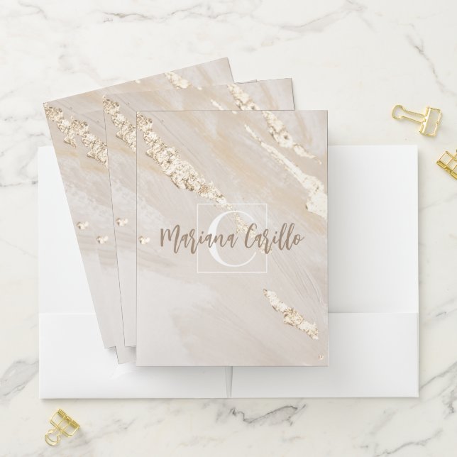 Personalized Gold Foil Marble Monogram Script Pocket Folder (In Situ)