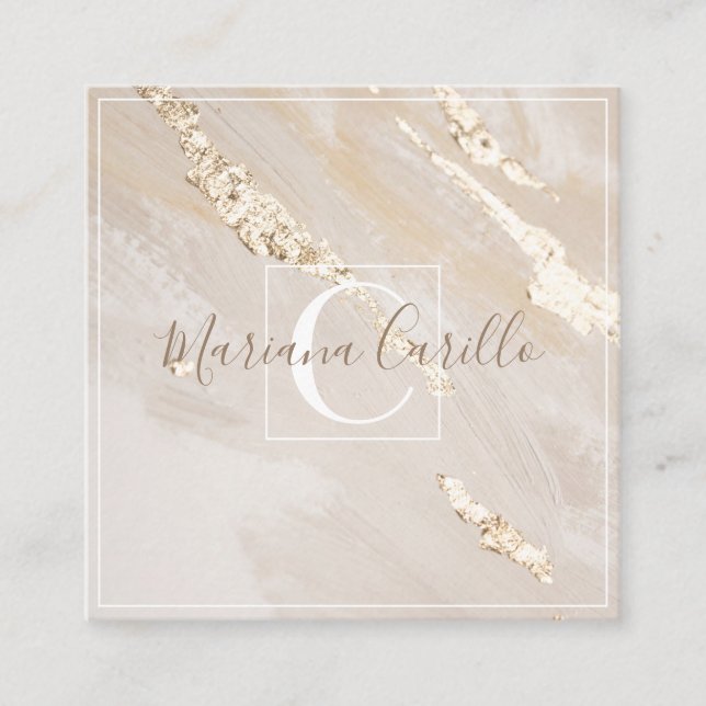 Personalized Gold Foil Marble Monogram Square Business Card (Front)