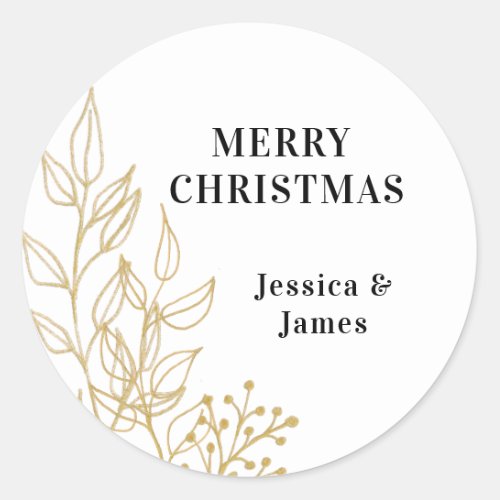 Personalized Gold Foliage Merry Christmas Classic Round Sticker
