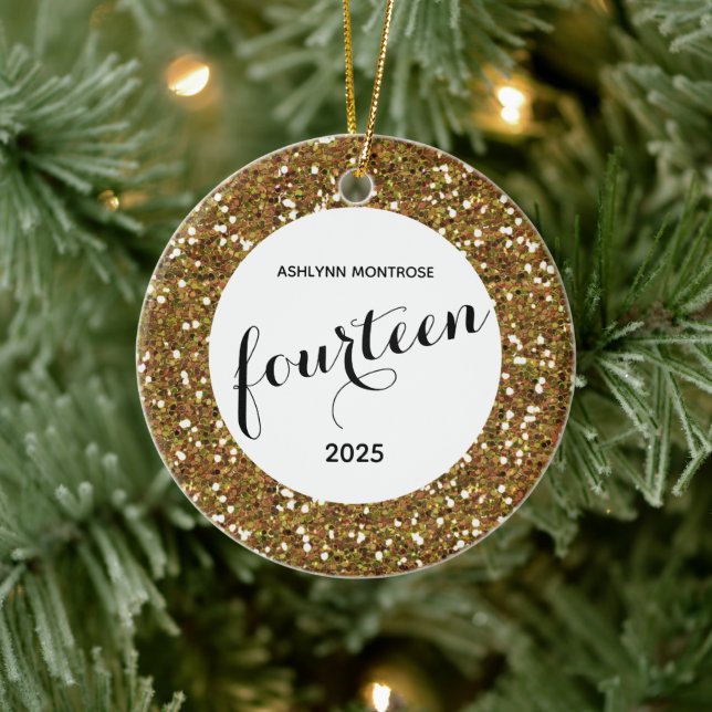 Personalized Gold Glitter 14th Birthday Ceramic Ornament (Tree)