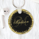 Personalized Gold Glitter Black Glam Keychain<br><div class="desc">Easily personalize this luxury glam gold glitter framed keychain with your custom name and monogram.</div>