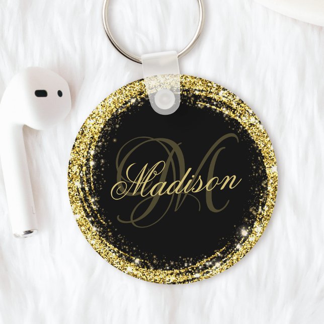 Personalized Gold Glitter Black Glam Keychain (Creator Uploaded)